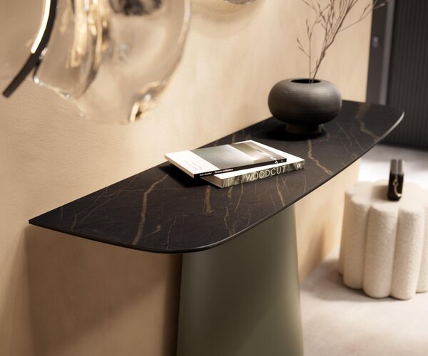 DELIFE Konzolový stůl Edge oválný tvar 140×40 cm keramika Laminam® Noir Desir hnědá Conos kov titanová barva