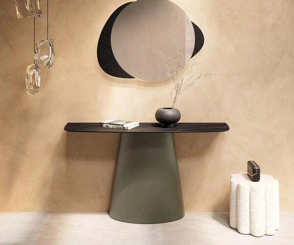 DELIFE Konzolový stůl Edge oválný tvar 140×40 cm keramika Laminam® Noir Desir hnědá Conos kov titanová barva