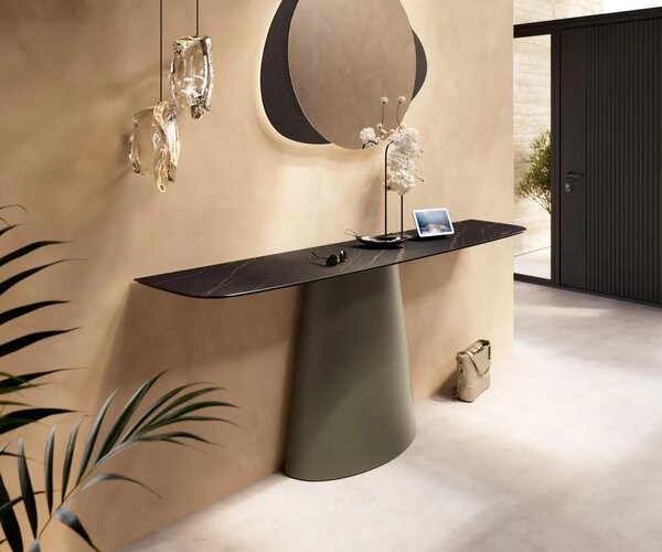 DELIFE Konzolový stůl Edge oválný tvar 180×40 cm keramika Laminam® Noir Desir hnědá kov Titanová barva