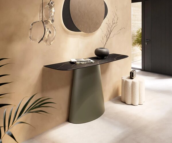 DELIFE Konzolový stůl Edge oválný tvar 140×40 cm keramika Laminam® Noir Desir hnědá Conos kov titanová barva