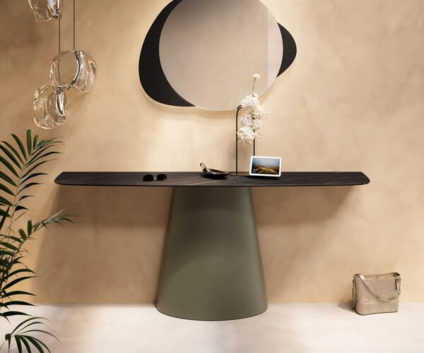 DELIFE Konzolový stůl Edge oválný tvar 180×40 cm keramika Laminam® Noir Desir hnědá kov Titanová barva