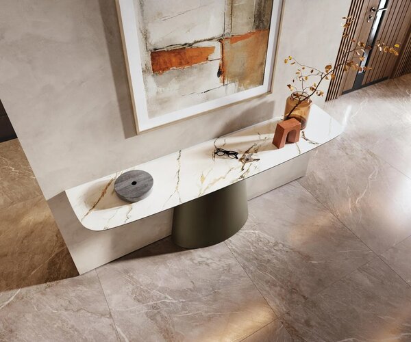 DELIFE Konzolový stůl Edge oválný tvar 180×40 cm keramika Calacatta Luxe bílá zlatá šedá kov Titanová barva