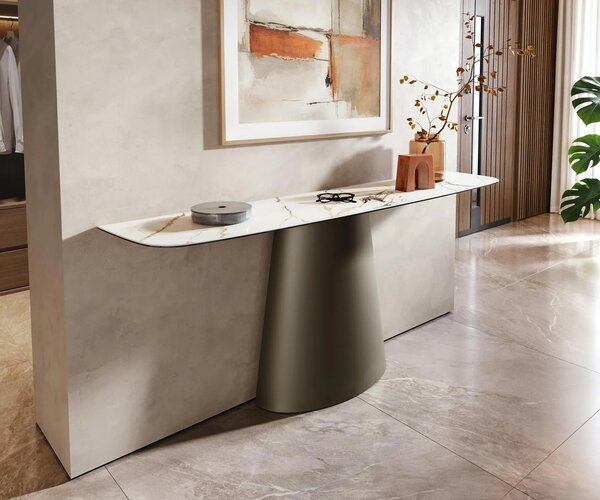DELIFE Konzolový stůl Edge oválný tvar 180×40 cm keramika Calacatta Luxe bílá zlatá šedá kov Titanová barva