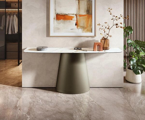 DELIFE Konzolový stůl Edge oválný tvar 180×40 cm keramika Calacatta Luxe bílá zlatá šedá kov Titanová barva