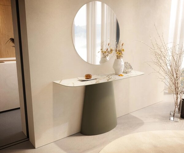 DELIFE Konzolový stolek Edge oválný 140×40 cm keramika Calacatta Luxe bílá zlatá šedá kov Titanová barva