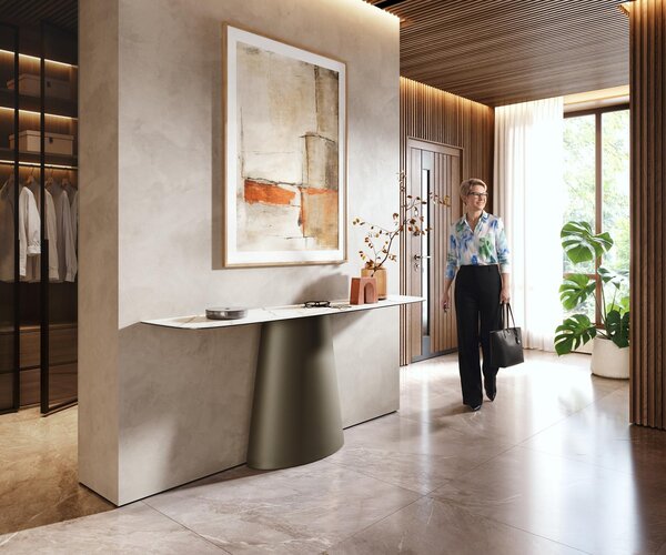 DELIFE Konzolový stůl Edge oválný tvar 180×40 cm keramika Calacatta Luxe bílá zlatá šedá kov Titanová barva