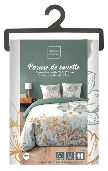 Bílé/zelené bavlněné povlečení na dvoulůžko/prodloužené 240x220 cm Lolita – douceur d'intérieur