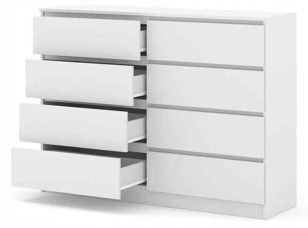Komoda MAJA S8 140 cm bílý mat 8 zásuvek stojící na podstavci