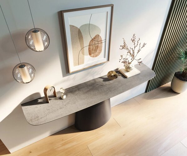 DELIFE Konzolový stůl Edge oválný tvar 180×40 cm keramika beton šedá kov černá