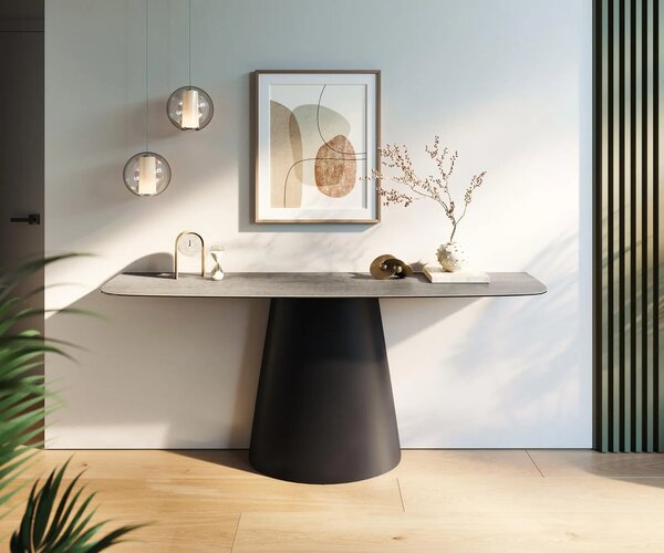 DELIFE Konzolový stůl Edge oválný tvar 180×40 cm keramika beton šedá kov černá