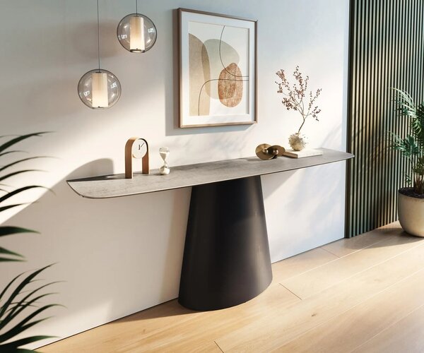DELIFE Konzolový stůl Edge oválný tvar 180×40 cm keramika beton šedá kov černá