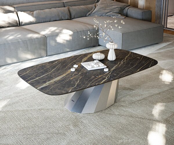 DELIFE Konferenční stolek Edge Boot 140x80 cm keramika Laminam® Noir Desir hnědá Parabi nerezová ocel broušená