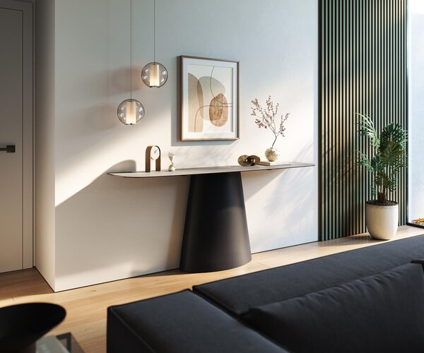 DELIFE Konzolový stůl Edge oválný tvar 180×40 cm keramika beton šedá kov černá