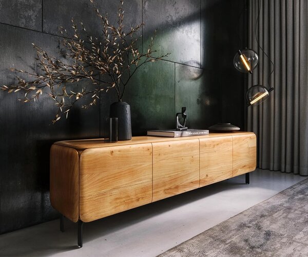 DELIFE TV stolek Shavani 200 cm akácie přírodní 4 dvířka podnož ve tvaru L kov černá