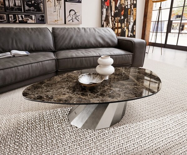 DELIFE Konferenční stolek Edge organický 140x76 cm keramika Laminam® Emperador Extra Lucidato tmavě hnědá Parabi nerezová ocel broušená