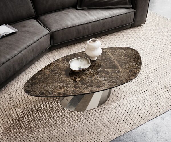 DELIFE Konferenční stolek Edge organický 140x76 cm keramika Laminam® Emperador Extra Lucidato tmavě hnědá Parabi nerezová ocel broušená