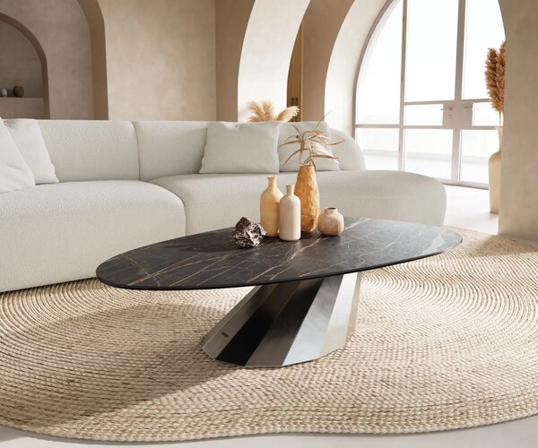 DELIFE Konferenční stolek Edge oválný 140x75 cm keramika Laminam® Noir Desir hnědá Parabi nerezová ocel broušená