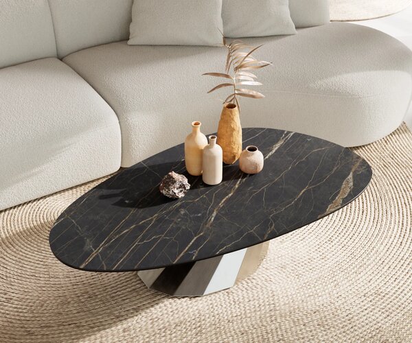DELIFE Konferenční stolek Edge oválný 140x75 cm keramika Laminam® Noir Desir hnědá Parabi nerezová ocel broušená