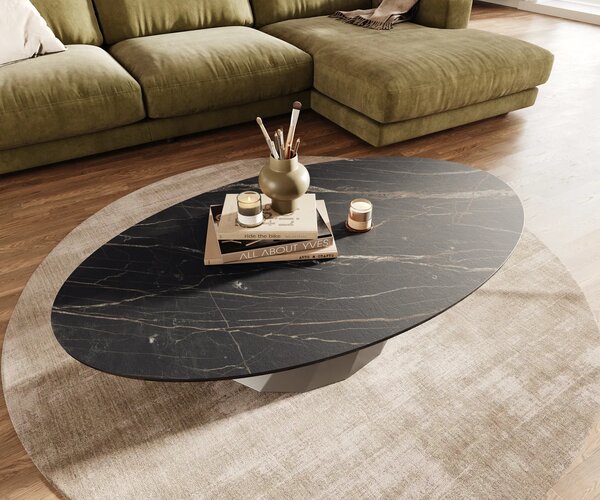 DELIFE Konferenční stolek Edge oválný 140x80 cm keramika Laminam® Noir Desir hnědá Parabi nerezová ocel broušená