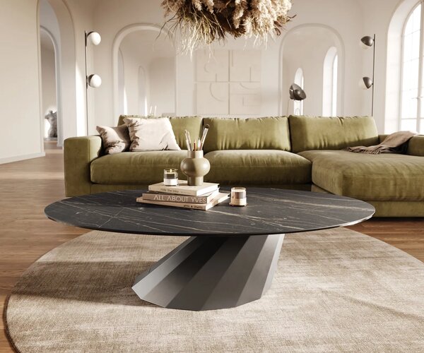 DELIFE Konferenční stolek Edge oválný 140x80 cm keramika Laminam® Noir Desir hnědá Parabi nerezová ocel broušená