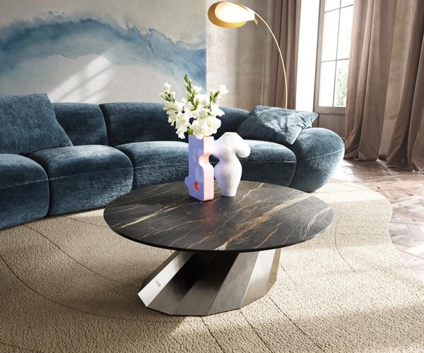 DELIFE Konferenční stolek Edge kulatý 90x90 cm keramika Laminam® Noir Desir hnědá Parabi nerezová ocel broušená
