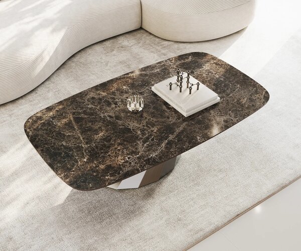 DELIFE Konferenční stolek Edge Boot 140x80 cm keramika Laminam® Emperador Extra Lucidato tmavě hnědá Parabi nerezová ocel broušená