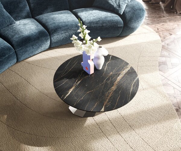 DELIFE Konferenční stolek Edge kulatý 90x90 cm keramika Laminam® Noir Desir hnědá Parabi nerezová ocel broušená