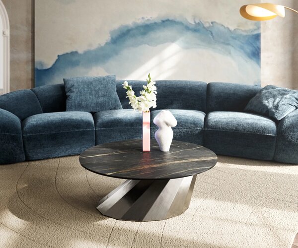 DELIFE Konferenční stolek Edge kulatý 90x90 cm keramika Laminam® Noir Desir hnědá Parabi nerezová ocel broušená