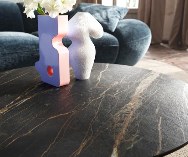 DELIFE Konferenční stolek Edge kulatý 90x90 cm keramika Laminam® Noir Desir hnědá Parabi nerezová ocel broušená