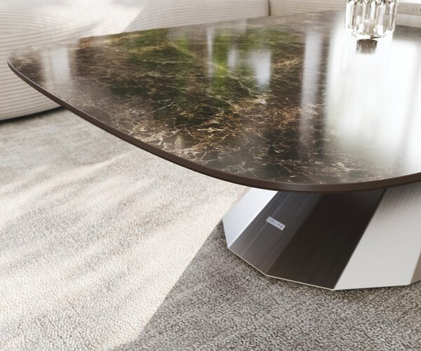 DELIFE Konferenční stolek Edge Boot 140x80 cm keramika Laminam® Emperador Extra Lucidato tmavě hnědá Parabi nerezová ocel broušená