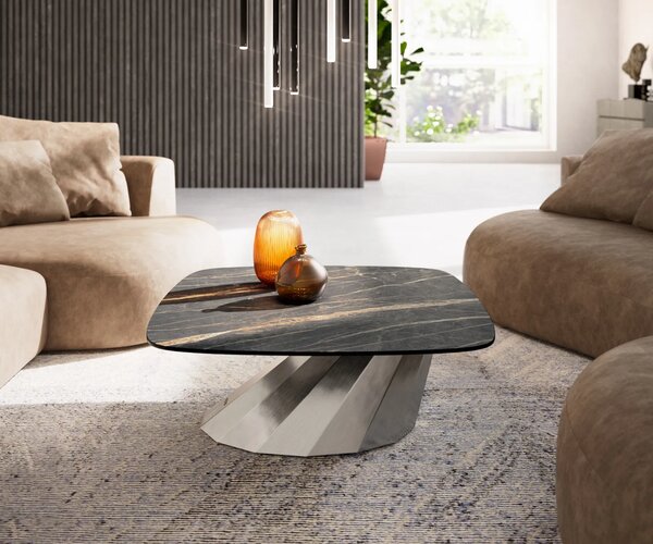 DELIFE Konferenční stolek Edge Boot 90x90 cm keramika Laminam® Noir Desir hnědá Parabi nerezová ocel broušená