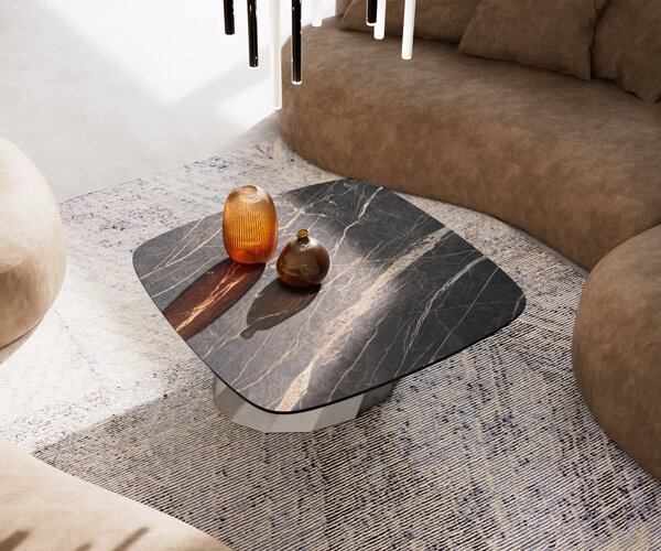 DELIFE Konferenční stolek Edge Boot 90x90 cm keramika Laminam® Noir Desir hnědá Parabi nerezová ocel broušená