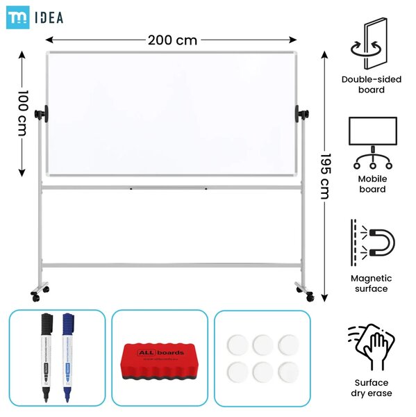 Mobilní tabule TM Idea, oboustranná, otočná, za sucha stíratelná, magnetická, 200x100 cm – řada FLEX,, DMB2010