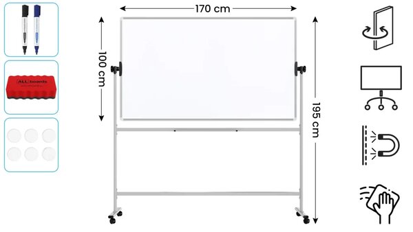 Mobilní tabule TM Idea, oboustranná, otočná, za sucha stíratelná, magnetická, 170x100 cm – řada FLEX, DMB1710
