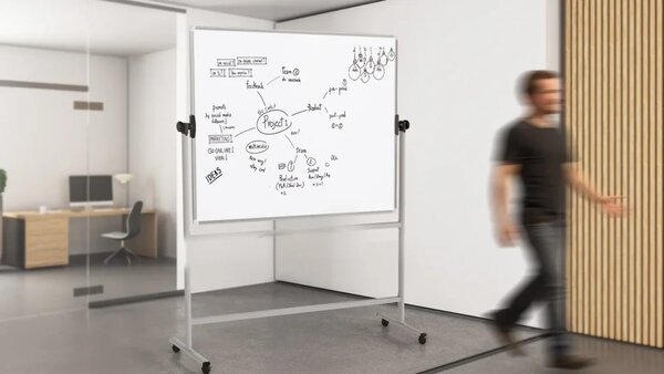 Mobilní tabule TM Idea, oboustranná, otočná, za sucha stíratelná, magnetická, 150x120 cm – řada FLEX, DMB1512