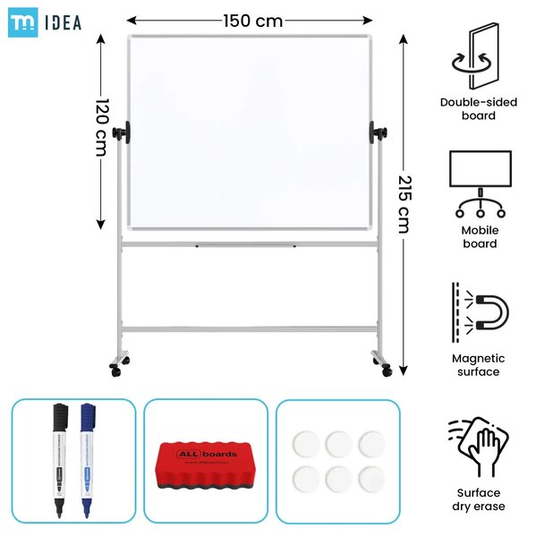 Mobilní tabule TM Idea, oboustranná, otočná, za sucha stíratelná, magnetická, 150x120 cm – řada FLEX, DMB1512