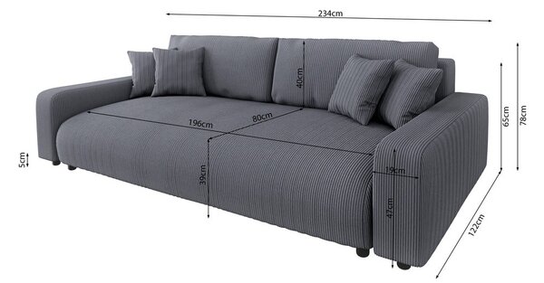 Tmavě šedá manšestrová rozkládací/s úložným prostorem pohovka 234 cm Sara – Ropez