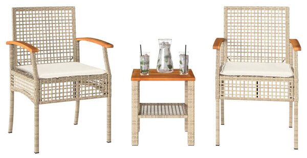 3dílný bistro set s poduškami béžový polyratan akáciové dřevo