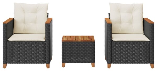 3dílný bistro set s poduškami černý polyratan akáciové dřevo