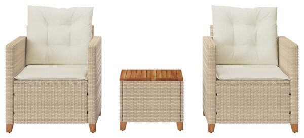 3dílný bistro set s poduškami béžový polyratan akáciové dřevo