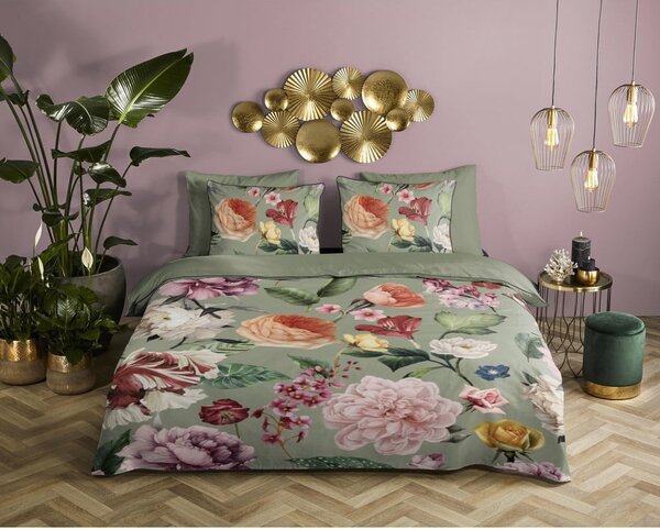 Zelené povlečení na dvoulůžko/prodloužené z bavlněného saténu 200x220 cm Fiori – Descanso