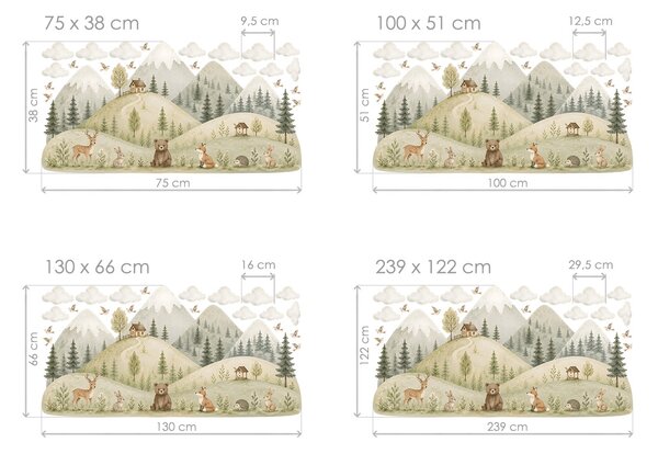 Kopečky a zvířátka z lesa samolepky na zeď pro děti arch 75 x 38 cm