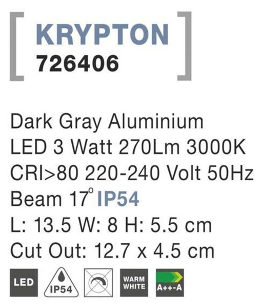 Nova Luce Vestavné venkovní svítidlo KRYPTON - 3 W, 270 lm, 55x80x135 mm, šedá NV 726406