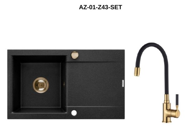 Invena Tesalia, 1-komorový granitový dřez s odkapávačem 760x440x160 mm a kuchyňskou baterií Glamour s flexibilním ramenem + zlatý automatický sifon, …