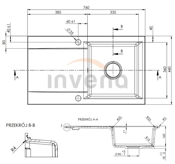 Invena Tesalia, 1-komorový granitový dřez s odkapávačem 760x440x160 mm a kuchyňskou baterií Glamour s flexibilním ramenem + zlatý automatický sifon, …