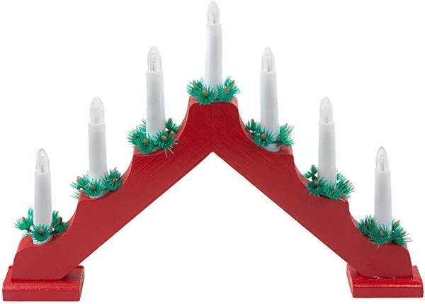 Vánoční dřevěný svícen ve tvaru pyramidy, červená, 7 svíček, teplá bílá
