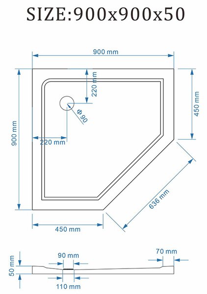 BPS-koupelny Pětiúhelníková akrylátová sprchová vanička RAVE BL 90x90 černá