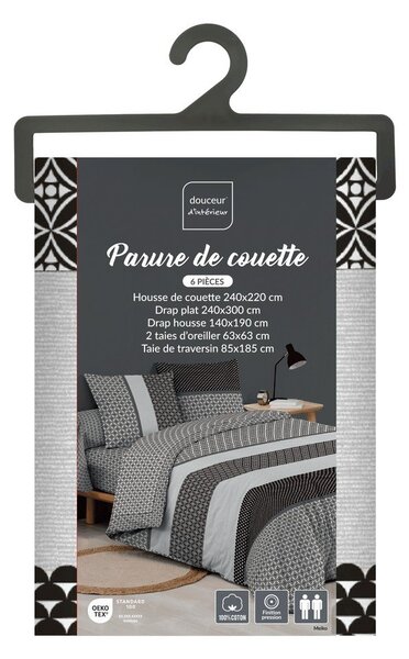 Černobílé bavlněné povlečení na dvoulůžko/prodloužené s prostěradlem/6dílné 240x220 cm Meiko – douceur d'intérieur