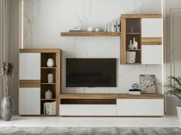 OBÝVACÍ STĚNA barvy dubu, světle šedá Carryhome - Kompletní obývací stěny