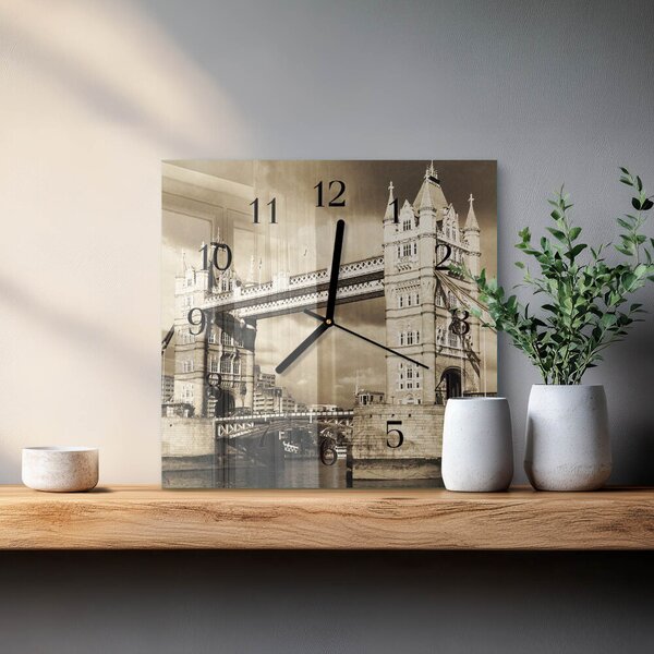 Skleněné hodiny na stěnu Londýnský most v sépiovém odstínu zskc-30x30-00174439